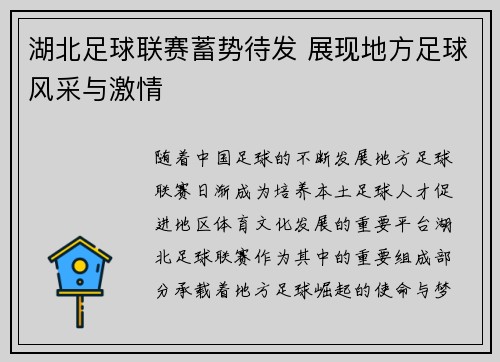 湖北足球联赛蓄势待发 展现地方足球风采与激情