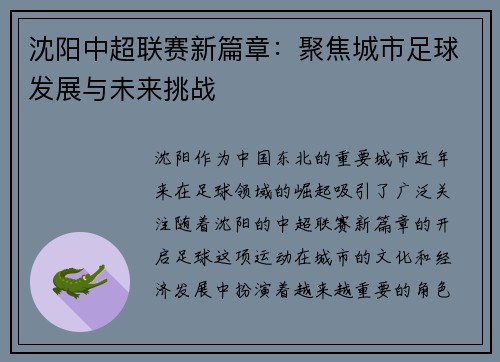 沈阳中超联赛新篇章：聚焦城市足球发展与未来挑战